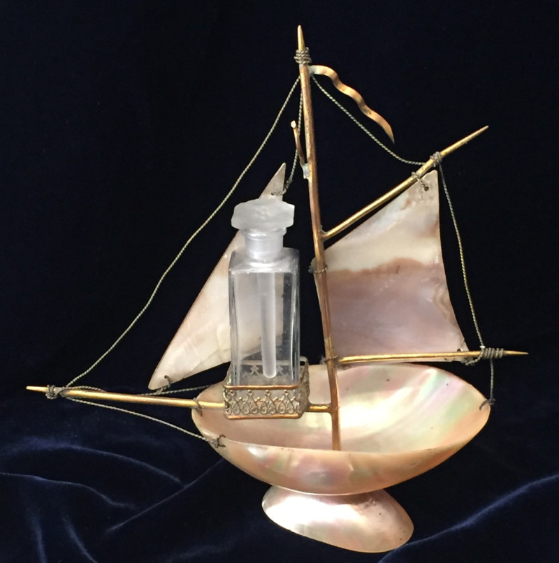 Perfume Bottle in Mother-of-Pearl Ship Stand
